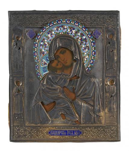 Résultat de ventes d'une icône « Vierge de Vladimir » avec oklad en argent et émail cloisonné, Russie, XIXe siècle. Commissaire-priseur à Paris, vente à l'Hôtel Drouot